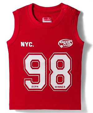 Babyhug Cotton Knit Sleeveless Tank T-Shirt with Number Graphics & Rib at Neck  - Red