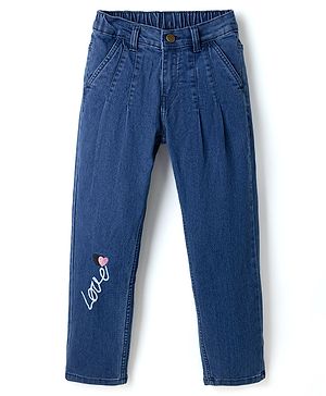 Pine Kids Cotton Mix Ankle Length Denim Jeans with Love Embroidery in Blue