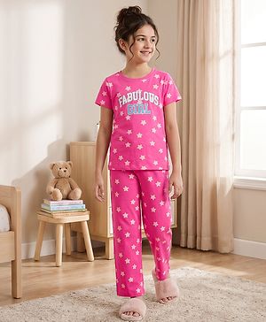 Pine Kids Cotton Knit Half Sleeves Co-Ords T-Shirt & Pyjama Night-Suit With Star Print - Dark Pink