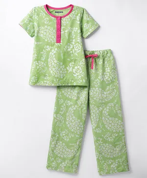 Pine Kids Cotton Knit Half Sleeves
                              Floral Printed Co-Ords Top & Pyjama
                              Night Suit - Light Green