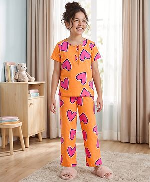 Pine Kids Cotton Knit Half Sleeves Co-Ords T-Shirt & Pyjama Night-Suit With Heart Print - Orange