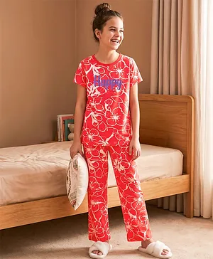 Pine Kids Cotton Knit Half Sleeve
                              Co-Ord T-Shirt & Pyjama Night-Suit
                              With Text & Floral Print - Red