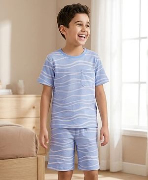 Pine Kids Cotton Knit Half Sleeves Printed T-Shirt & Shorts Co-ord Night Suit - Blue