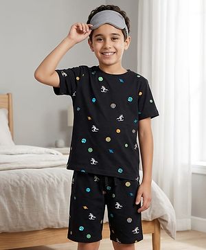 Pine Kids Cotton Knit Half Sleeves T-Shirt & Shorts Co-ord Night Suit With Space Theme Print - Black