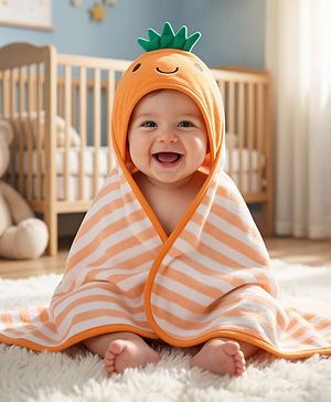 Babyhug Cotton Knit Hooded Towel With Stripes & Crown Applique L 73 x B 73 cm - Orange