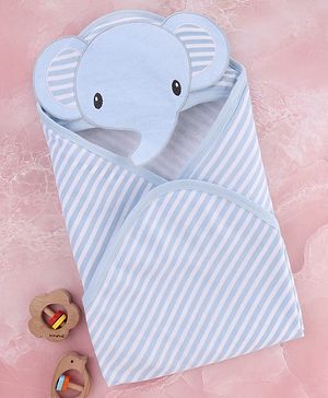 Babyhug Cotton Knit Hooded Wrapper With Elephant Applique L 76 x B 76 cm - Light Blue