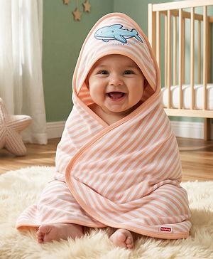 Babyhug Cotton Knit Hooded Towel With Stripes & Sea Life Embroidery L 76 x B 68.5 cm - Orange