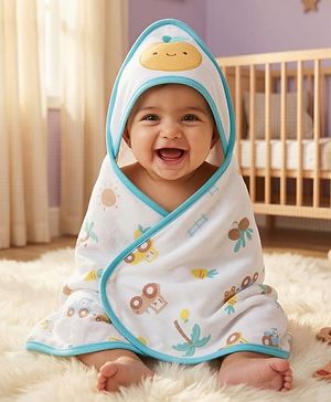 Babyhug Cotton Knit Hooded Towel With Tropical Theme Print & Embroidery L 76 x B 76 cm - White