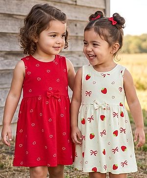 Babyhug Single Jersey Knit Sleeveless Frocks With Heart & Strawberry Print Pack of 2 - Multicolor
