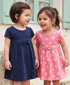 Babyhug Single Jersey Knit Half Sleeves Polka Dot & Floral Printed Frocks with Bow Applique Pack of 2 - Multicolor