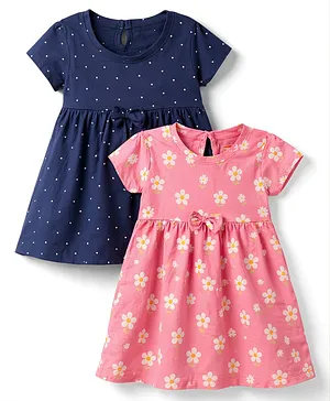 Babyhug Single Jersey Knit Half
                                  Sleeves Polka Dot & Floral Printed
                                  Frocks with Bow Applique Pack of 2 -
                                  Multicolor