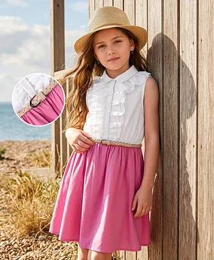 Hola Bonita Woven Sleeveless
                                  Solid Dress With Belt - Pink &
                                  White