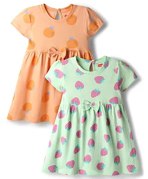 Babyhug Cotton Knit Half Sleeves
                                  Orange & Strawberry Printed Frocks
                                  With Bow Applique Pack Of 2 - Multi
                                  Color
