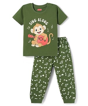 Babyhug Cotton Knit Half Sleeves T-Shirt & Pyjama Night Suit with Monkey Print - Green