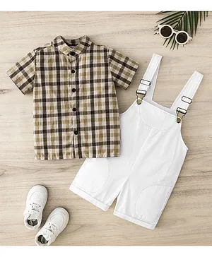Mark & Mia Cotton Half Sleeves
                              Checkered Shirt & Dungaree Set -
                              Khaki