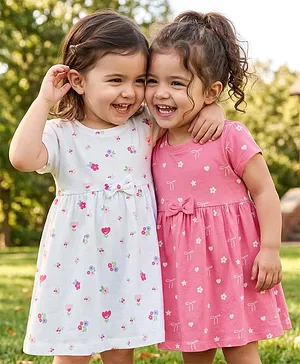 Babyhug Single Jersey Knit Half
                                  Sleeves Frocks With Floral Print &
                                  Bow Applique Pack of 2 - Multicolor