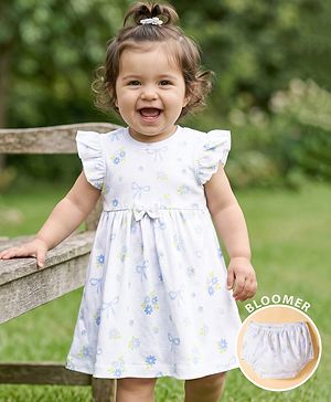 Babyhug Single Jersey Knit Half Sleeves Frock With Floral Print & Bloomer - White