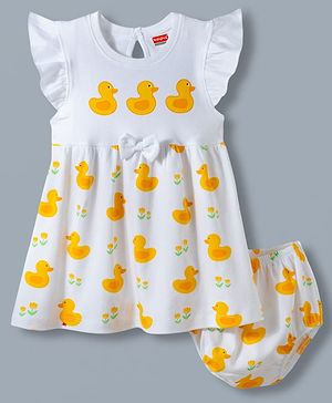 Babyhug Single Jersey Knit Frill Sleeves Frock With Duck Print & Bloomer - White
