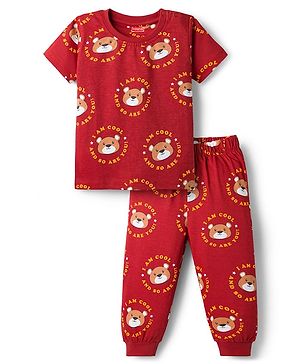 Babyhug Cotton Knit Half Sleeves Co-Ord T-Shirt & Pyjama Night-Suit With Bear Print - Brown