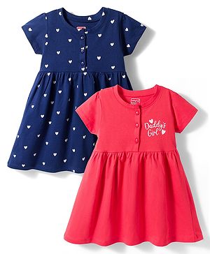 Babyhug Single Jersey Knit Half Sleeves Frocks With Heart Print Pack of 2 - Multicolor