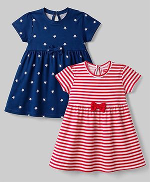 Babyhug Single Jersey Knit Half Sleeves Striped & Star Printed Frocks with Bow Applique Pack of 2 - Multicolor