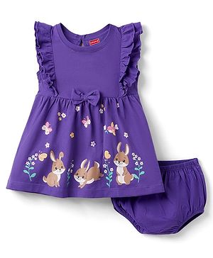 Babyhug Cotton Knit Frocks with Bloomer/Short with Ruffle Sleeves and Bunny Print Lavender 0-0 Months