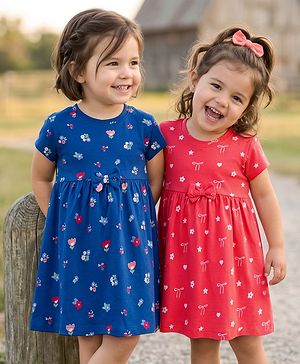 Babyhug Single Jersey Knit Half Sleeves Frocks with Floral Print & Bow Applique Pack of 2 - Multicolor