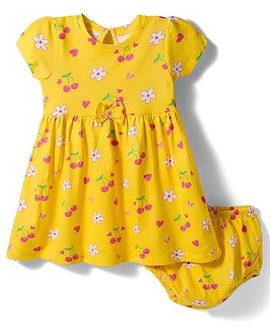 Babyhug 100% Cotton Knit Half Sleeves Floral & Cherry Printed Frock With Bow Applique & Bloomer - Yellow