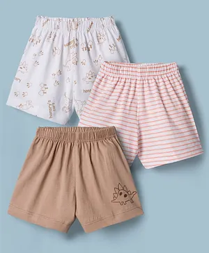Child World Sinker Cotton Knit Knee
                              Length Dino Printed & Striped Shorts
                              Pack Of 3 - Brown Peach & White