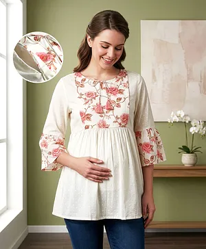 Bella Mama Cotton Woven Three Fourth
                              Sleeves Maternity Top With Floral Printed
                              Yoke - Off White