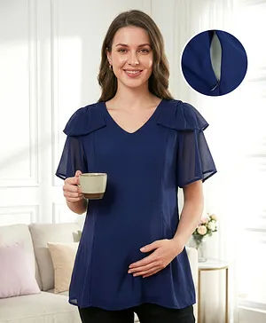 Bella Mama Woven Half Sleeves Solid
                              Colour Maternity Top - Navy Blue