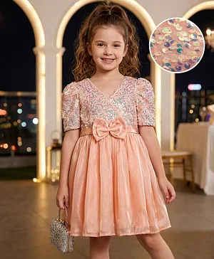 Hola Bonita Woven Half Sleeves Party
                              Dress With Sequin Detailing & Belt -
                              Peach