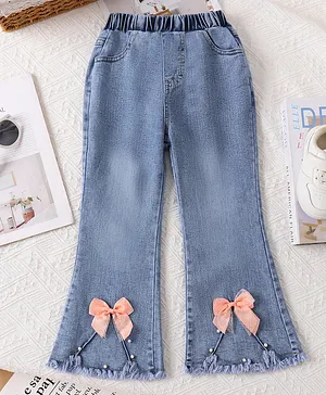 Mark & Mia Cotton Full Length
                              Washed Jeans With Pearl Embellishment
                              & Bow Applique - Light Blue