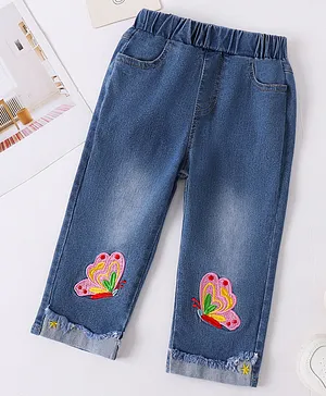 Mark & Mia Cotton Full Length
                              Washed Jeans With Butterfly Embroidery -
                              Blue
