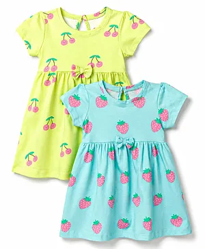 Babyhug Single Jersey Knit Half
                                  Sleeves Frocks with Fruit Print &
                                  Bow Applique Pack of 2 - Multicolor