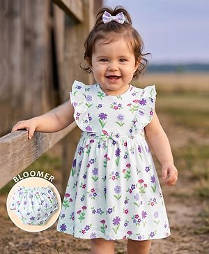 Babyhug Single Jersey Knit Half Sleeves Frock With Floral Print & Bloomer - Multicolor