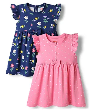 Babyhug Cotton Knit Ruffle Sleeves Floral & Polka Dots Printed Frocks With Bow Pack Of 2 -Multi Color