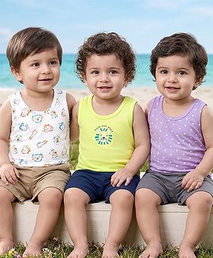 Babyhug 100% Cotton Single Jersey Knit Sleeveless Vests With Star & Animal Print Pack of 3 - Multicolor