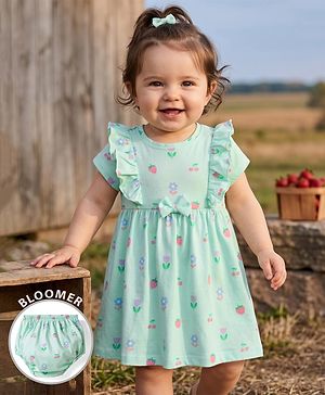 Babyhug Single Jersey Knit Half Sleeves Tropical Theme Printed Frock with Bloomer - Sea Green