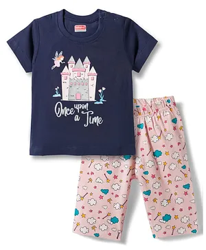 Babyhug Cotton Knit Half Sleeves
                              T-Shirt & Capri Night Suit With Fairy
                              & Castle Print - Navy Blue