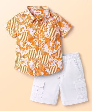 Babyhug Cotton Woven Half Sleeves Shirt & Denim Shorts Set with Tree Print - Multicolor