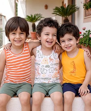 Babyhug 100% Cotton Knit Sleeveless Striped & Animal Printed Sando Vests Pack of 3 - Multicolor