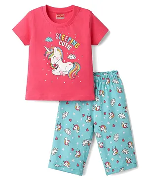 Babyhug Cotton Knit Half Sleeves
                              T-Shirt & Capri Night Suit with
                              Unicorn Print - Pink & Blue