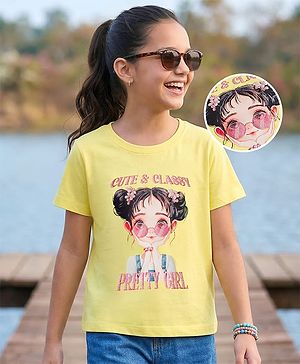 Pine Kids Cotton Knit Half Sleeves T-Shirt with Girl Print - Yellow