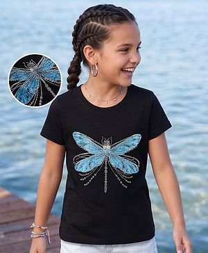 Pine Kids Cotton Knit T-Shirts with Dragonfly Embellishment Black 4-5 Years