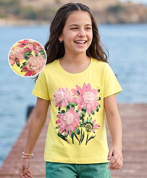 Pine Kids Cotton Knit Half Sleeves T-Shirt With Floral Print & Applique - Yellow