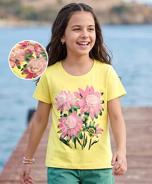 Pine Kids Cotton Knit Half Sleeves
                              T-Shirt With Floral Print & Applique -
                              Yellow