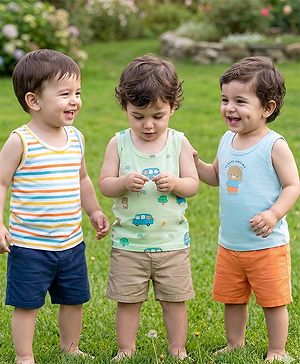 Babyhug 100% Cotton Single Jersey Knit Sleeveless Vests With Bear & Car Print Pack of 3 - Multicolor