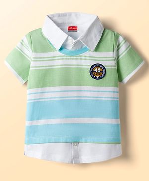 Babyhug Cotton Knit Half Sleeves Overlapped Striped T-Shirt With Badge Detailing - Multicolor
