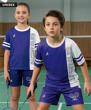 Pine Active Knit Drop Shoulder Half Sleeves T-Shirt & Shorts Set with Tennis Print - Navy Blue
